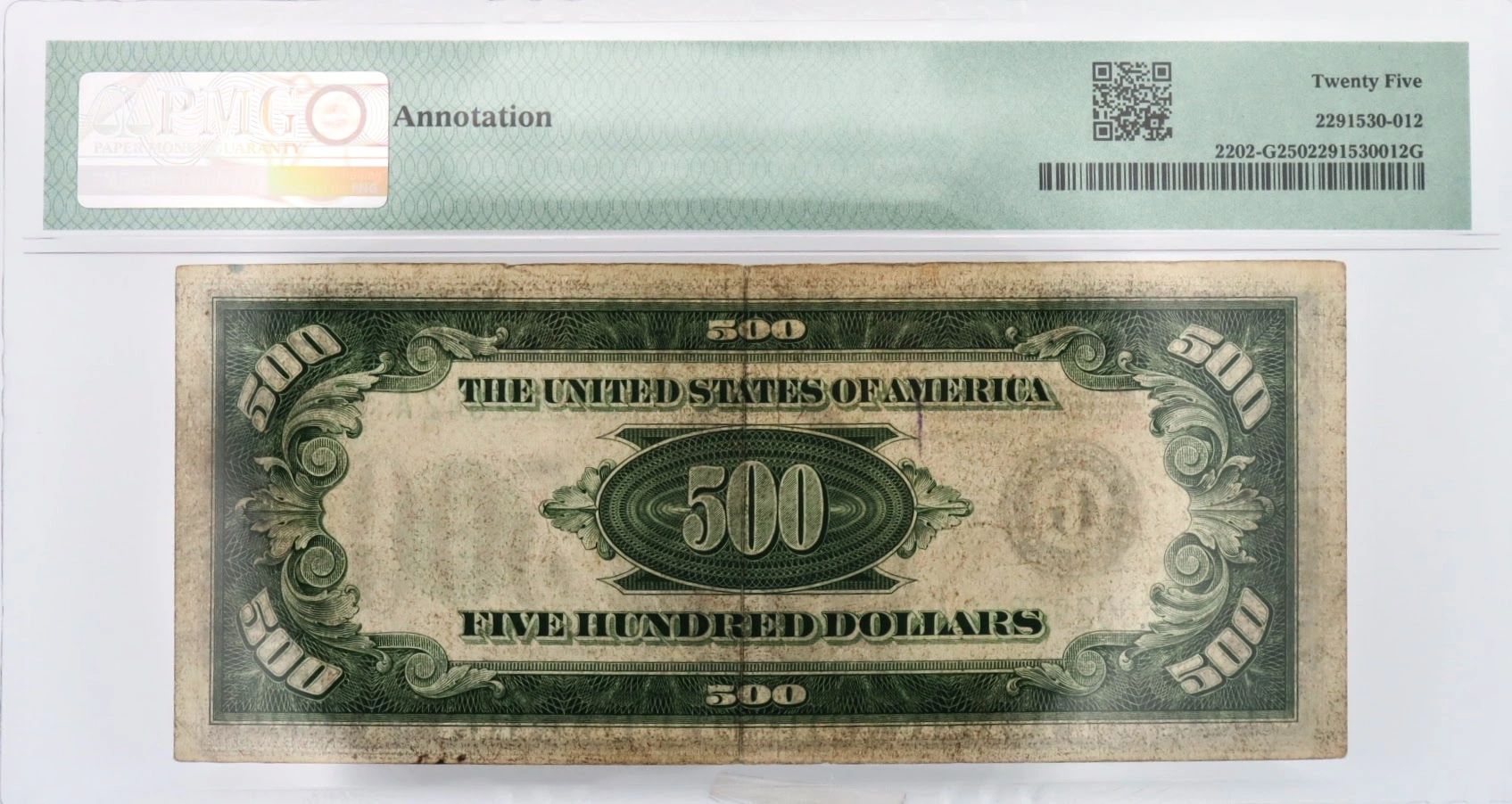 Back of US $500 Collectible Currency Bill ie: Note