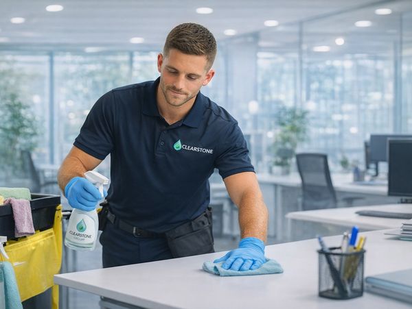 A man wearing gloves cleaning a desk with Clearstone products in an office.