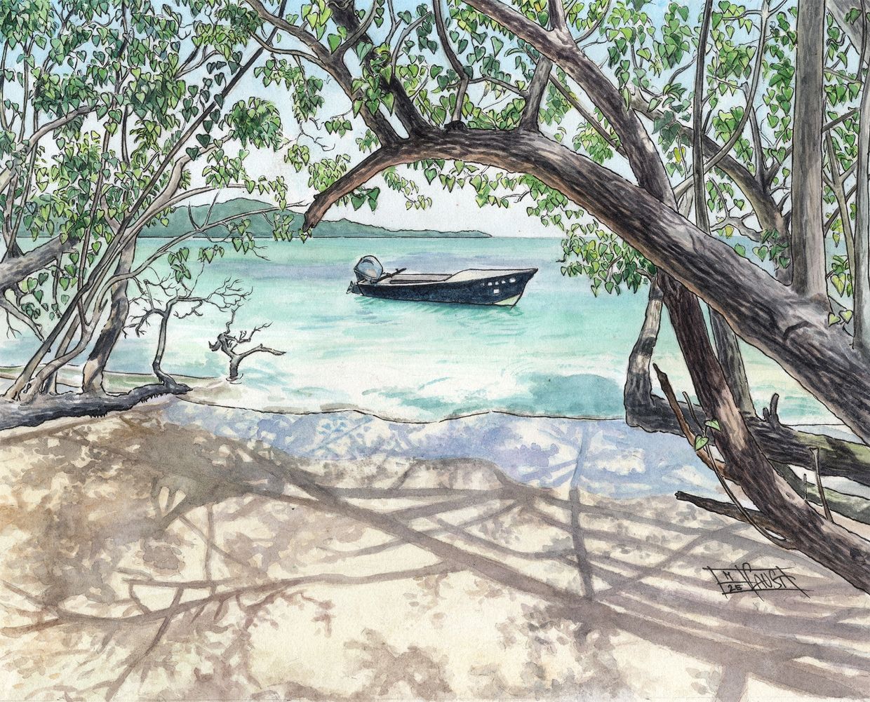 Watercolor painting of a boat by a serene shore framed by tree branches.