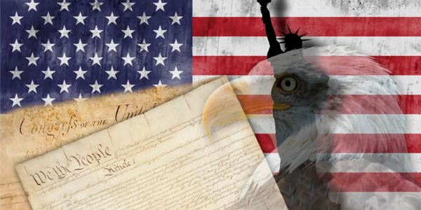 American flag, bald eagle, and Constitution symbolize U.S. patriotism.