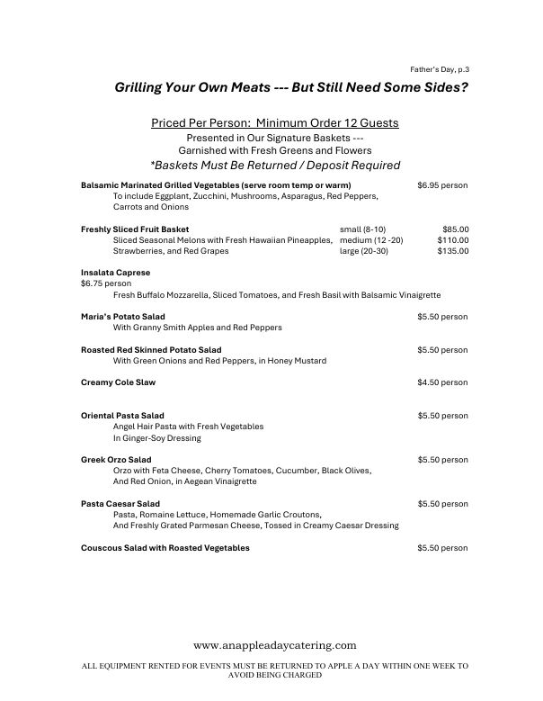 Catering menu listing sides and salads priced per person, minimum 12 guests.