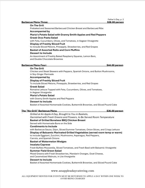 Catering menu listing barbecue and no-grill options with salads, desserts, and sides.