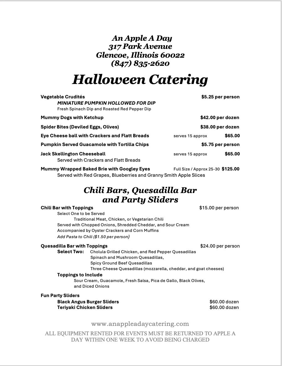 Halloween-themed catering menu with appetizers and sliders.
