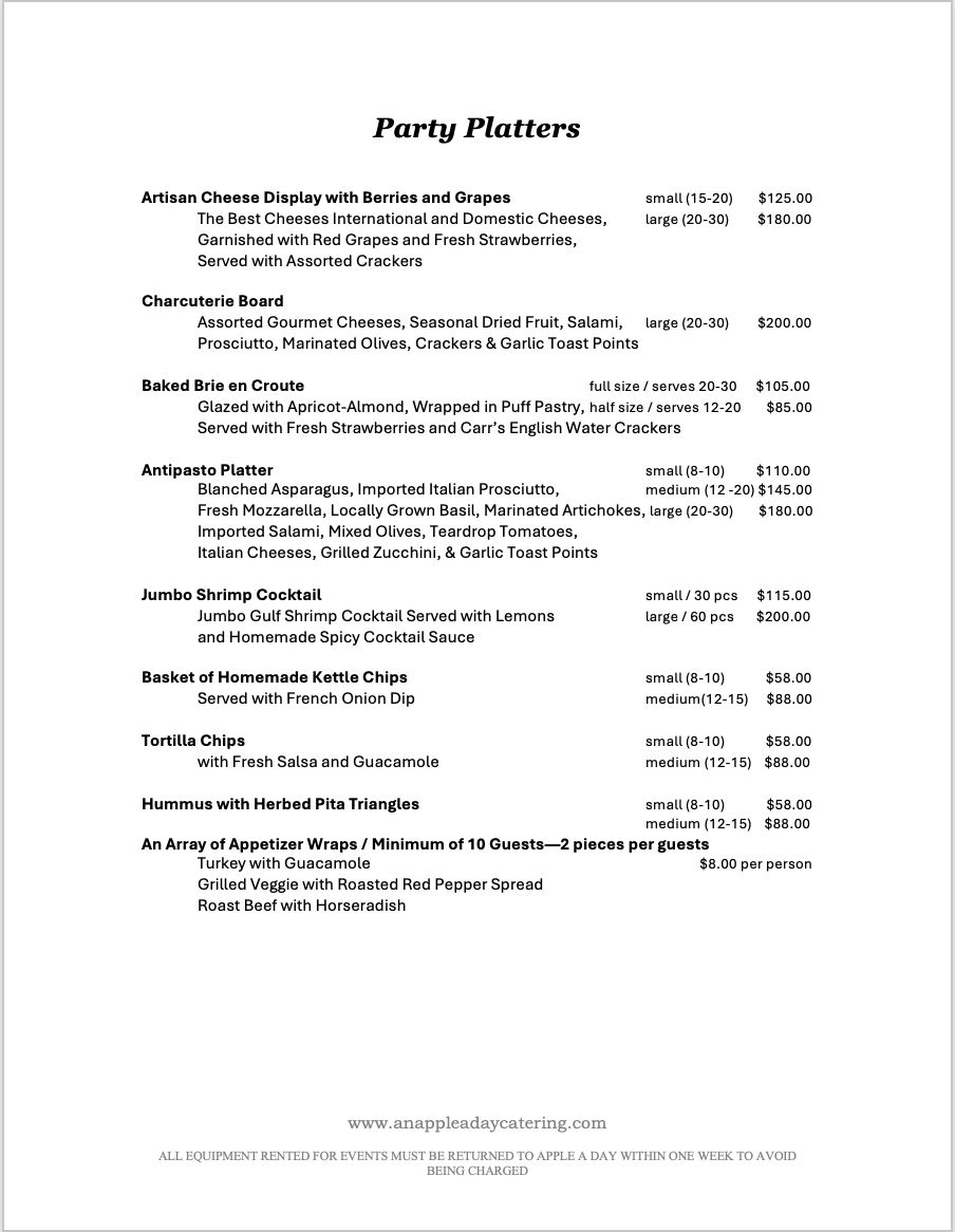 Catering menu listing party platters with prices and descriptions.