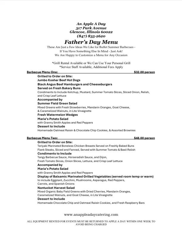 Father's Day menu offering two barbecue options with various meats, salads, and desserts.