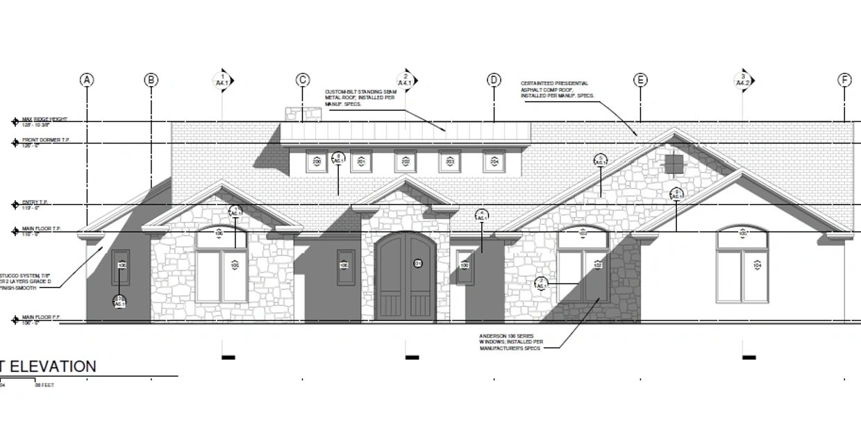 Architectural front elevation drawing of a single-story stone and stucco house.