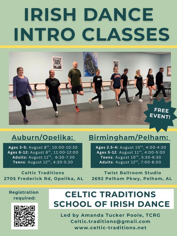 Flyer for Irish dance intro classes with schedules for Auburn/Opelika and Birmingham/Pelham locations.