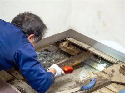 Person inspecting under a floorboard with a flashlight.