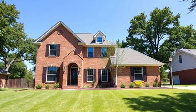 A large brick two-story house with a well-maintained lawn and trees.