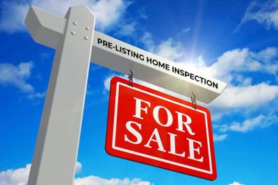 A bright 'For Sale' sign under a blue sky with 'Pre-Listing Home Inspection' above.