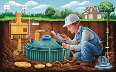 Worker inspects underground water system and tank near a house.