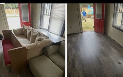Before and after couch removal revealing clean wooden floor.