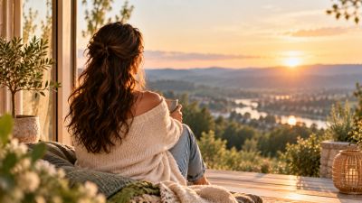 Frau genießt den Sonnenuntergang mit Aussicht auf die Landschaft.
