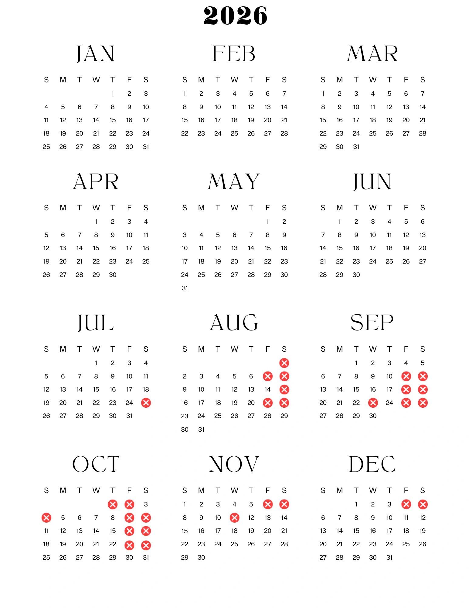2026 calendar with red cross marks on specific dates in some months.