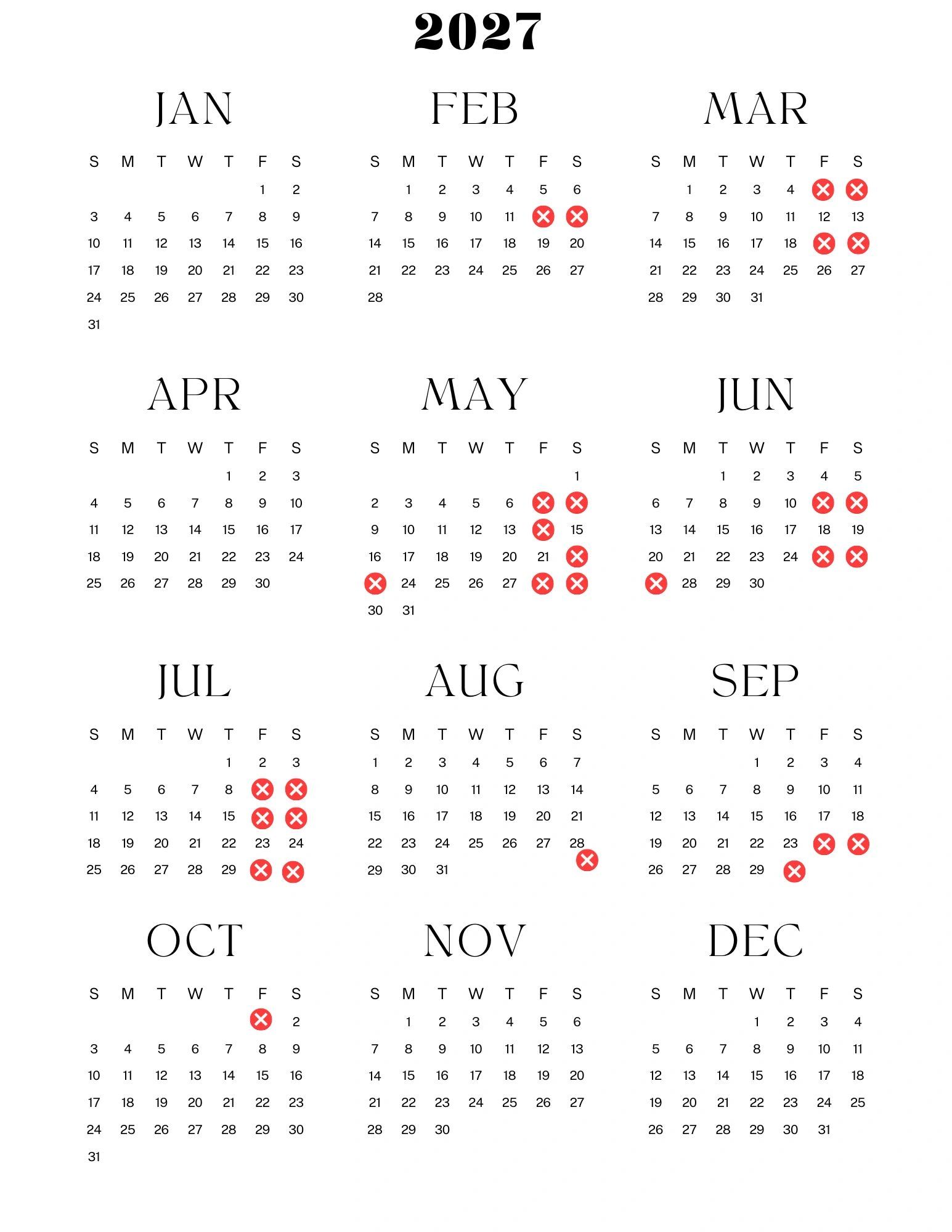 2027 calendar with red X marks on specific dates.