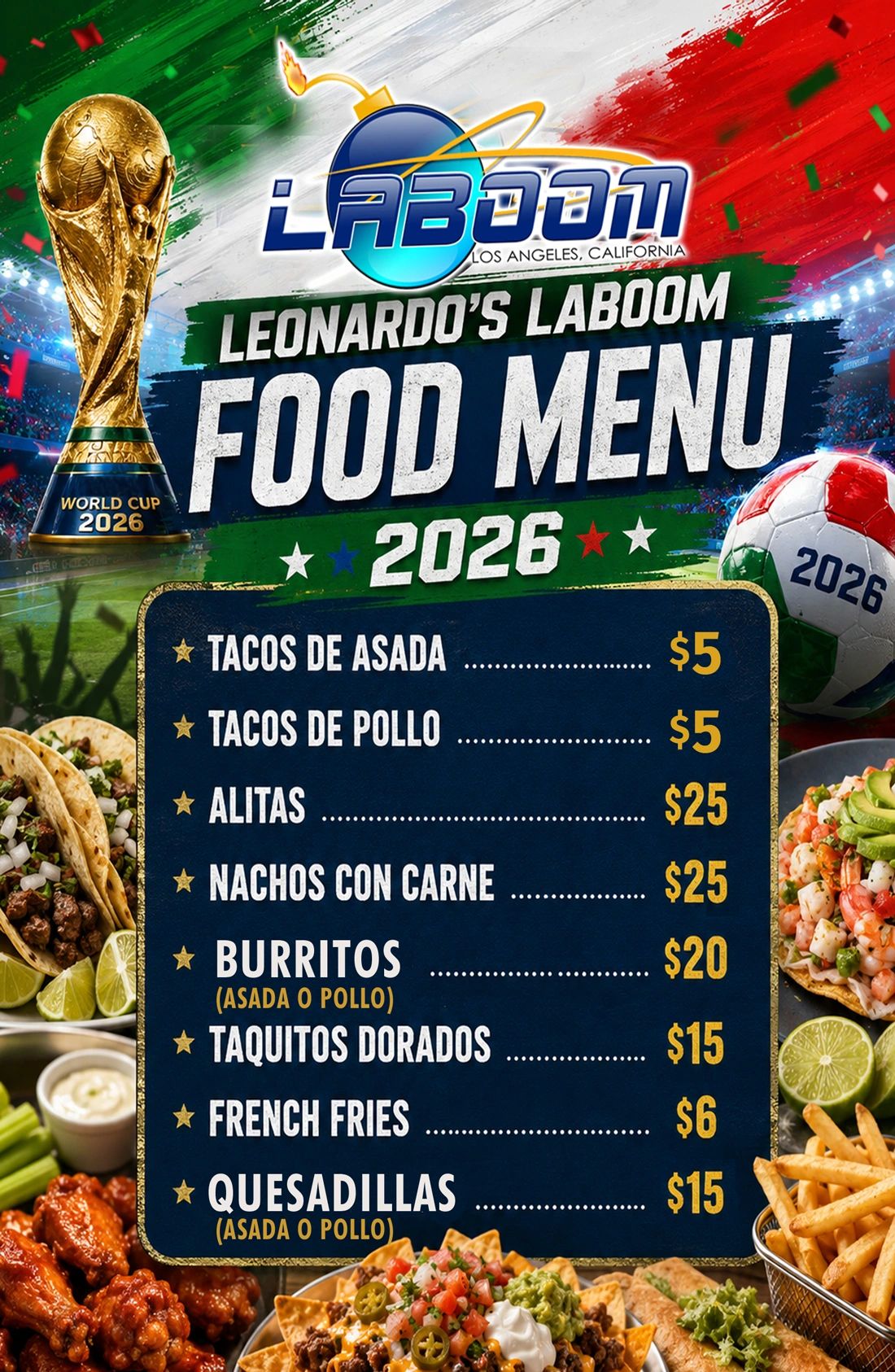 World Cup 2026 themed food menu with tacos, burritos, and more.