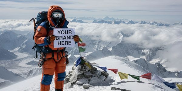 AI generated Mountaineer in orange gear holding a sign saying 'YOUR BRAND HERE' at a snowy peak.