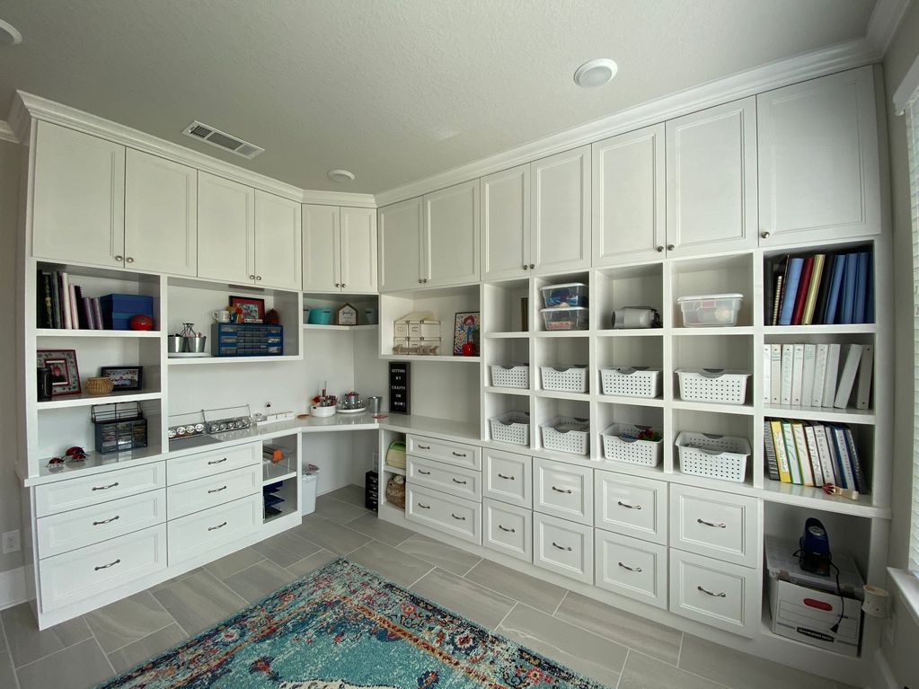 Custom Cabinetry. Cabinet Paint. Craft Room. Hardware. Porcelain Tile Flooring Installation