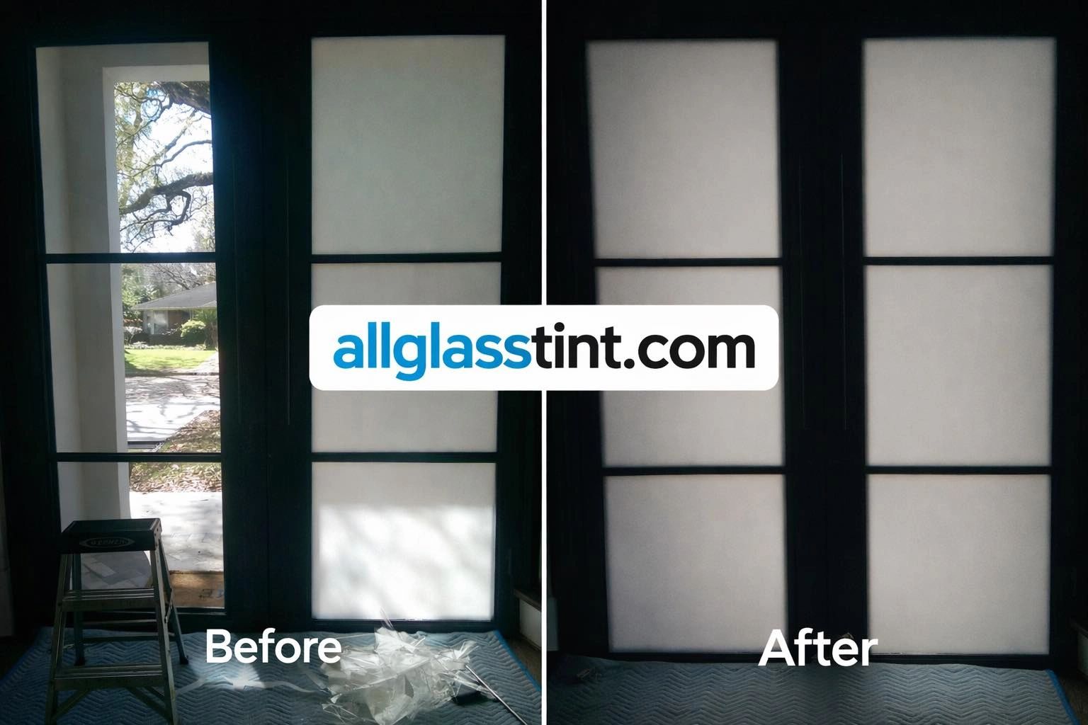 before and after of doors tinted with white frost window film