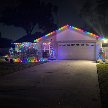 Multi color roofline, bushes and stake lighting in Lake Magdalene. 