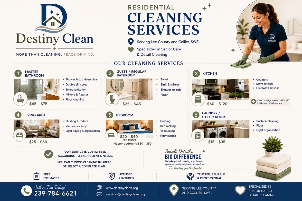 Destiny Clean offers customized residential cleaning services for Lee County and Collier, specializing in senior care.