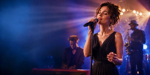 A woman passionately singing on stage with a live band.