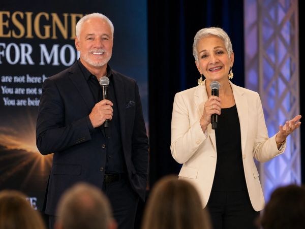 Two speakers presenting on stage with microphones at a professional event.