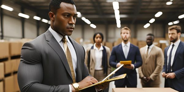 Black business owner in warehouse with his staff