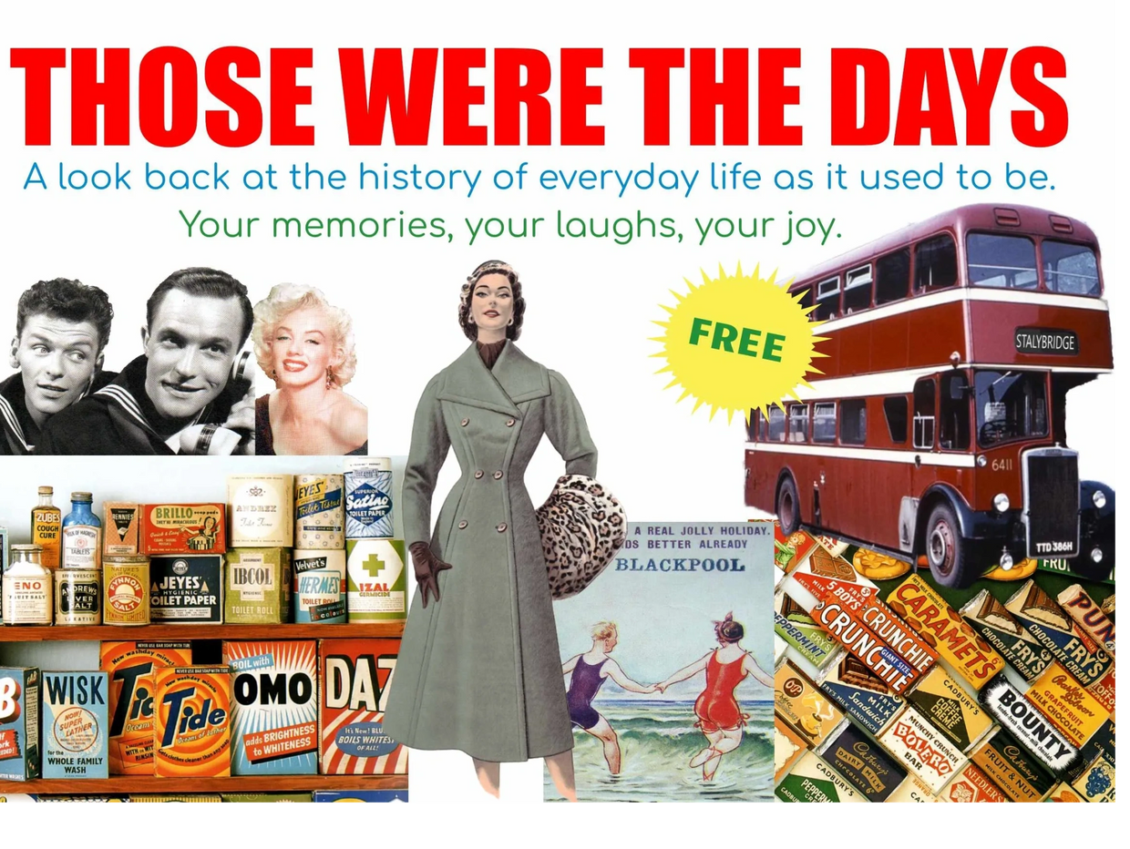 Reminiscence invitation showing images of famous people, fashion, post cards, sweets and a bus.