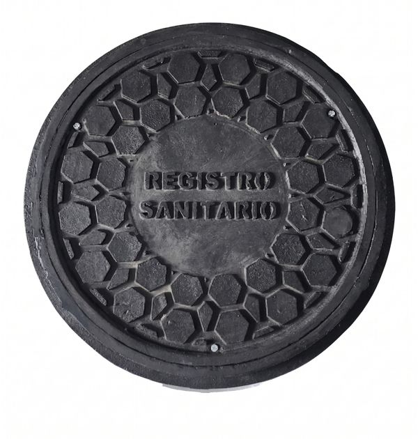Black manhole cover with hexagonal pattern and 'Registro Sanitario' text.
