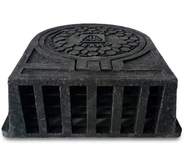 Black heavy-duty plastic drainage grate with a circular top and vent slots.