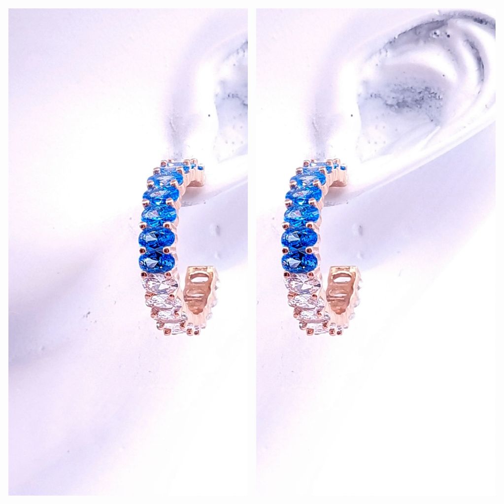 Hoop earrings with baguette cut aquamarine and zircon gemstones, 18k rose gold vermeil.