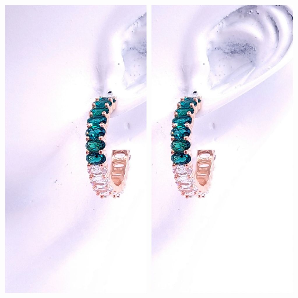 Eternity hoop earrings with baguette cut emerald and zircon gemstones, 18k rose gold vermeil.