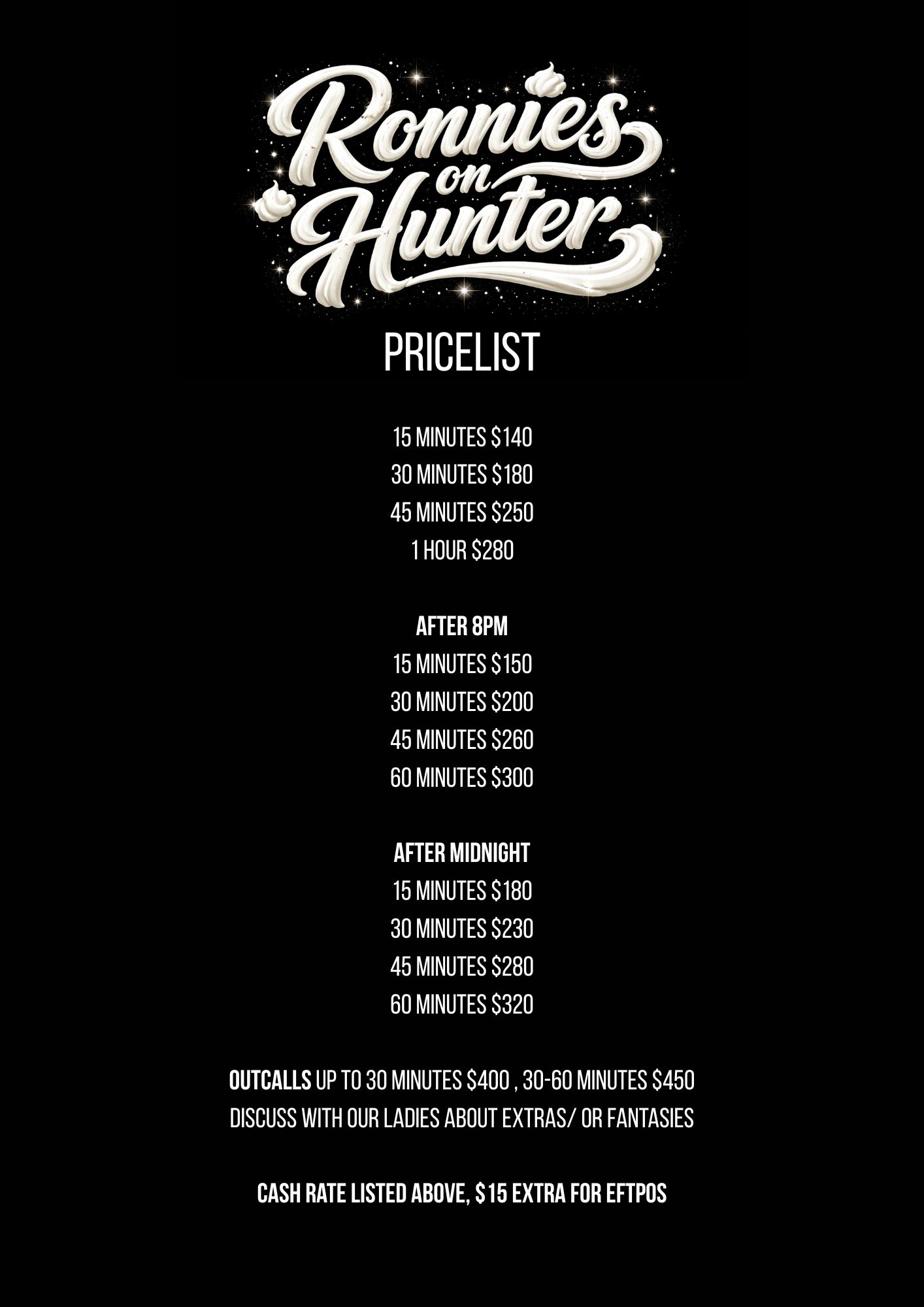 Pricelist for Ronnies on Hunter with different rates based on time.