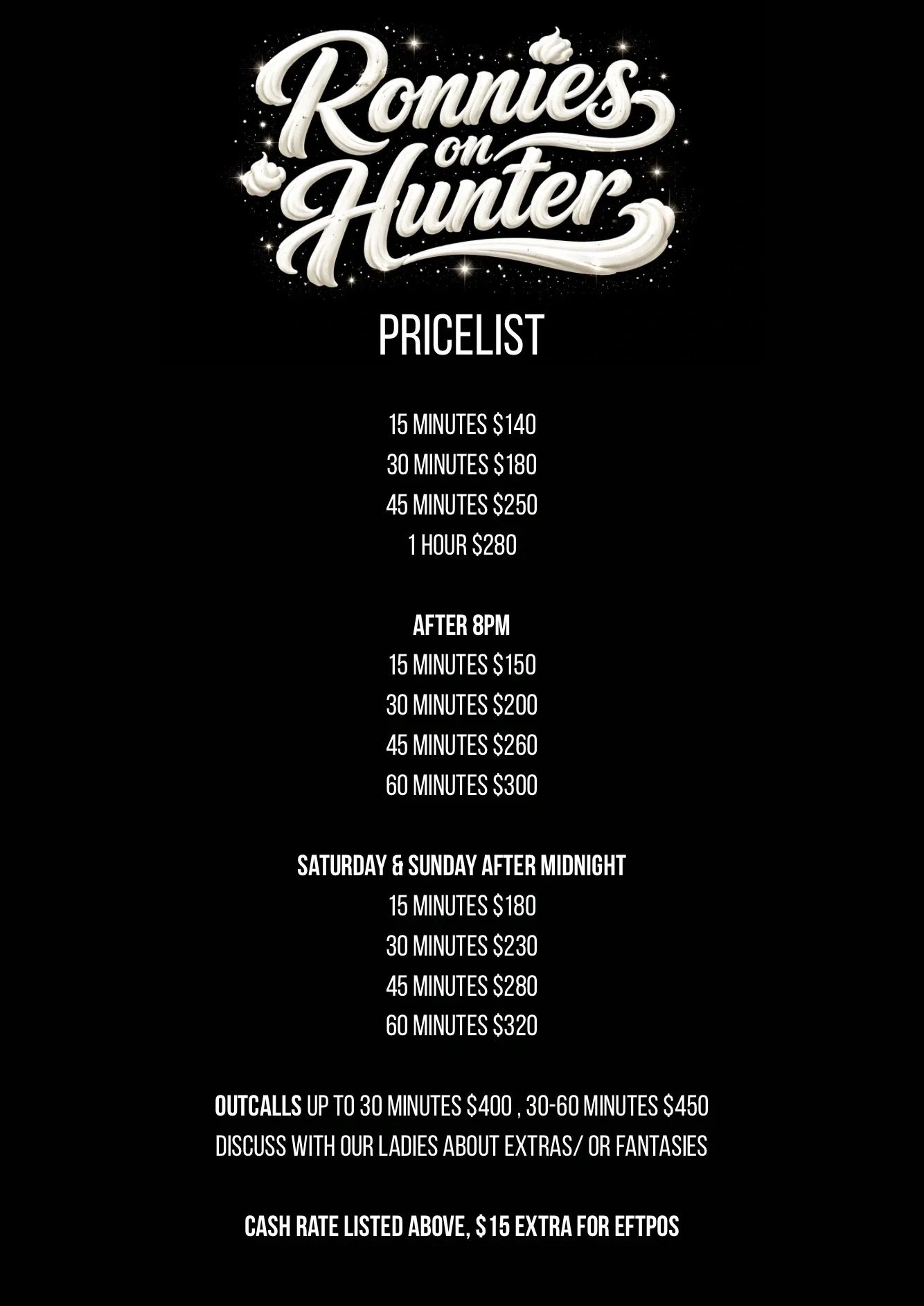 Ronnie's on Hunter pricelist for various time durations with extra charges after 8PM and weekends.