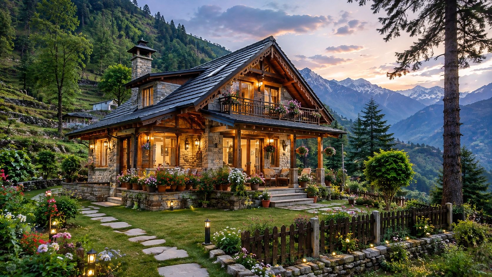 Cozy mountain cabin surrounded by flowers at sunset.