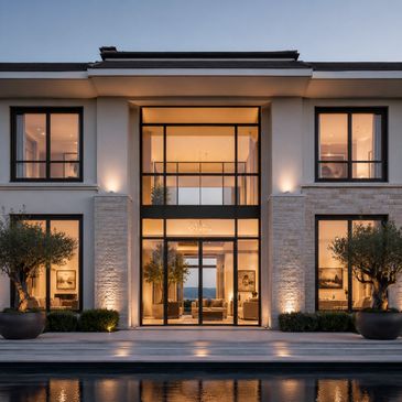 Modern luxury home with large glass windows and warm interior lighting at dusk.