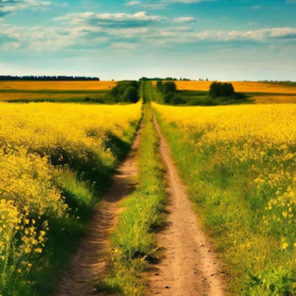 A dirt path running through vast yellow flower fields under a blue sky.