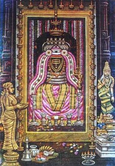 Ancient temple shrine adorned with deities and offerings.