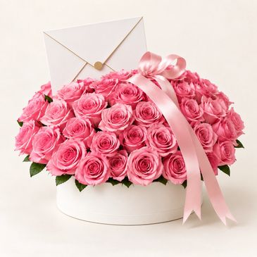 Pink roses bouquet with a white envelope and pink ribbon.