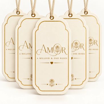 Elegant tags with 'AMOR' and a rose design.