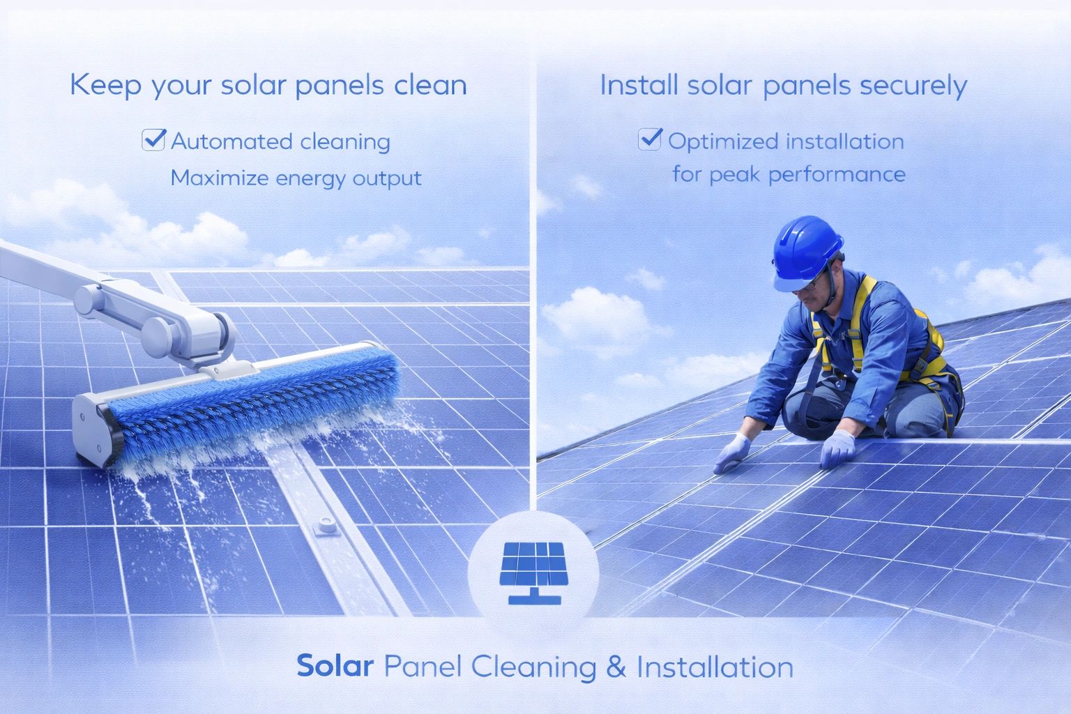 Automated cleaning and secure installation of solar panels.