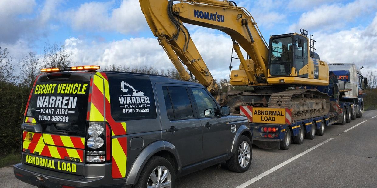 Escort vehicle and truck transporting a large Komatsu excavator on a trailer.
