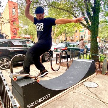 Ben Karbin skating a custom built SK8 Chicago Skate Ramp.