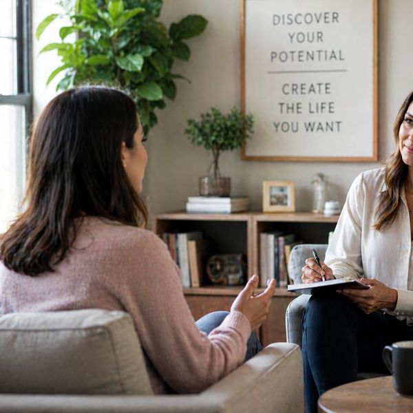 Two women engaged in a counseling session in a cozy room.