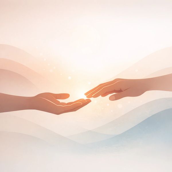 Two hands reaching out to each other with a glowing light between them.