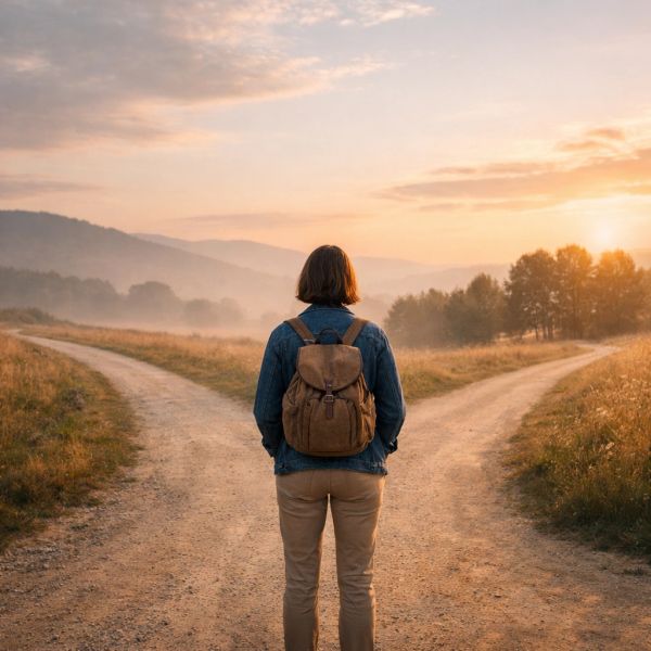 Person standing at a fork in a dirt road during sunrise.
