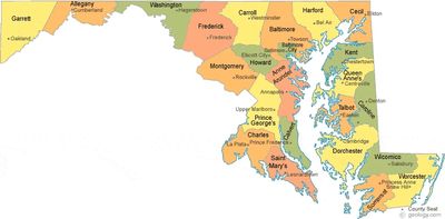 a map picture of the state of Maryland with its counties and cities. 
