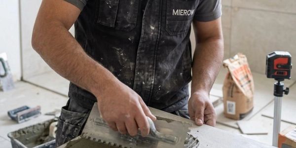 Worker spreading adhesive on tile for installation.