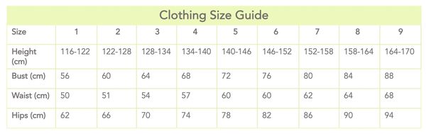 size chart for rhythmic gymnastics clothing